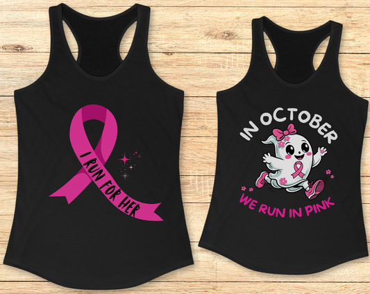 Women runners wearing pink Fight Breast Cancer shirts and tank tops from Unleashed Threads, running together in October to raise breast cancer awareness.