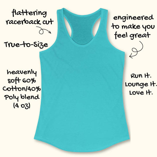 Turquoise tank top with text describing its features on a white background