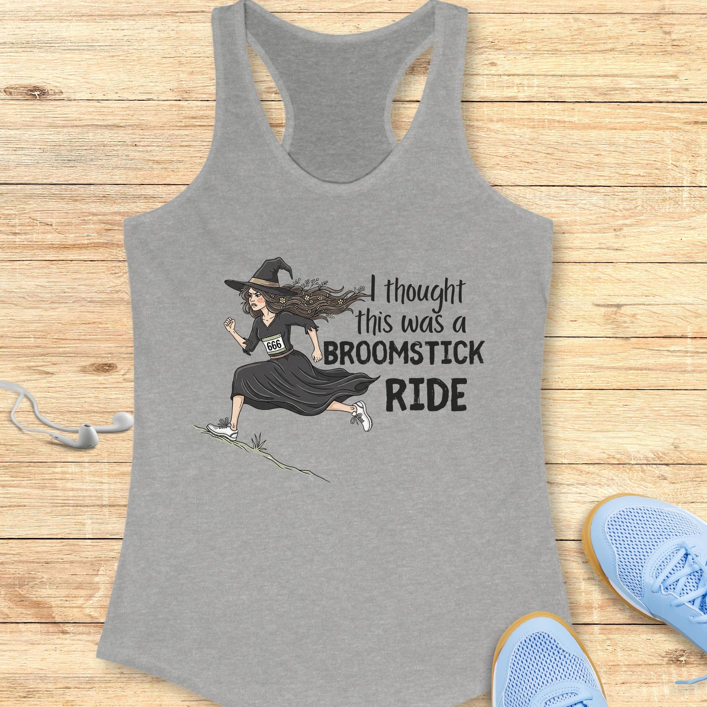 Halloween Funny Running Racerback Tank Top for Women Broomstick Ride