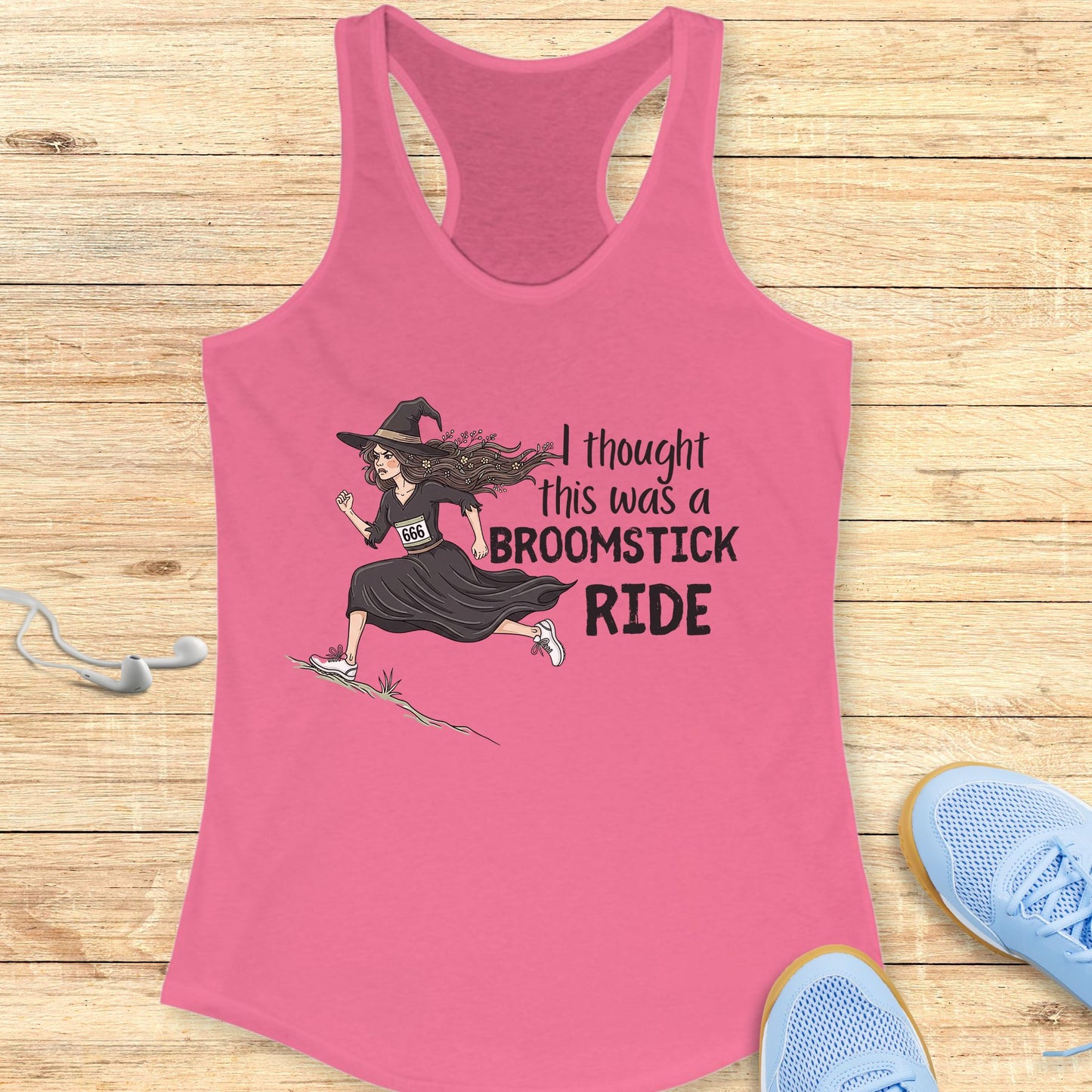 Halloween Funny Running Racerback Tank Top for Women Broomstick Ride
