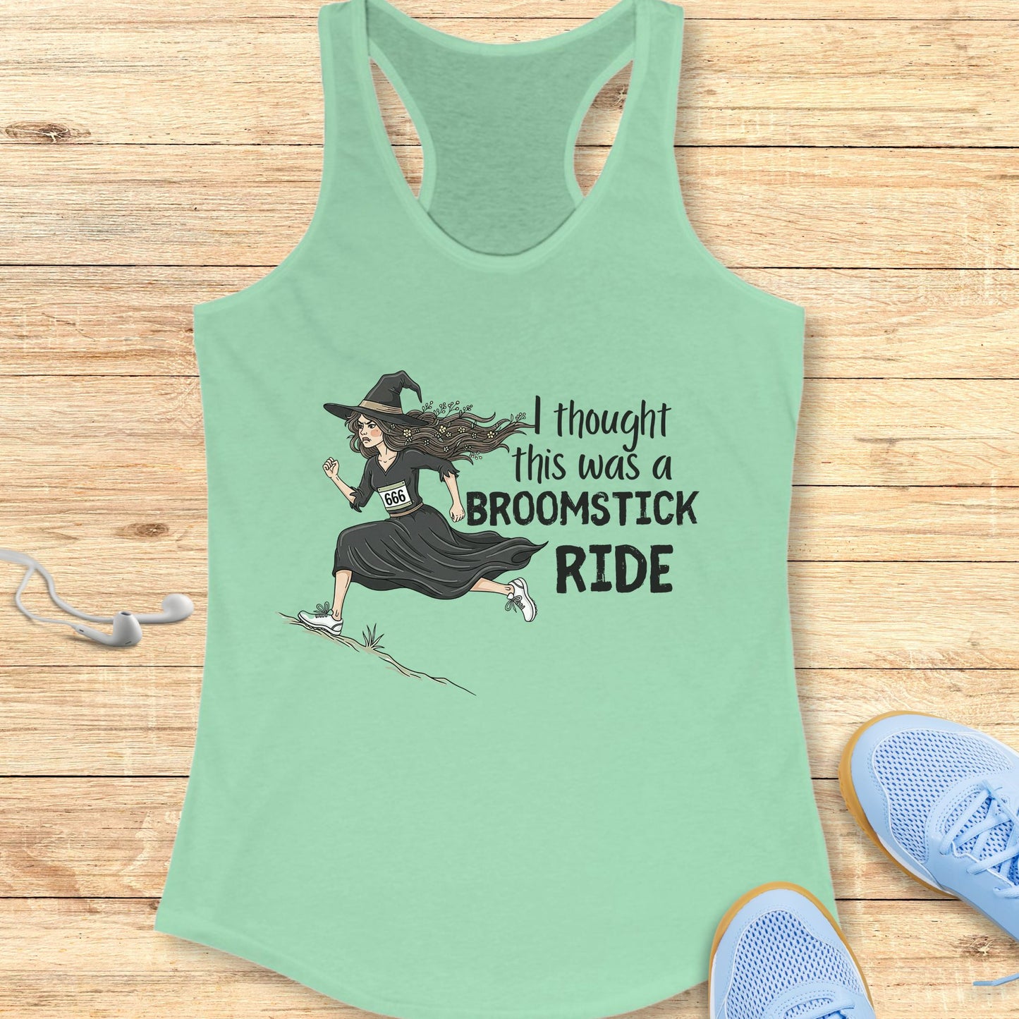Halloween Funny Running Racerback Tank Top for Women Broomstick Ride