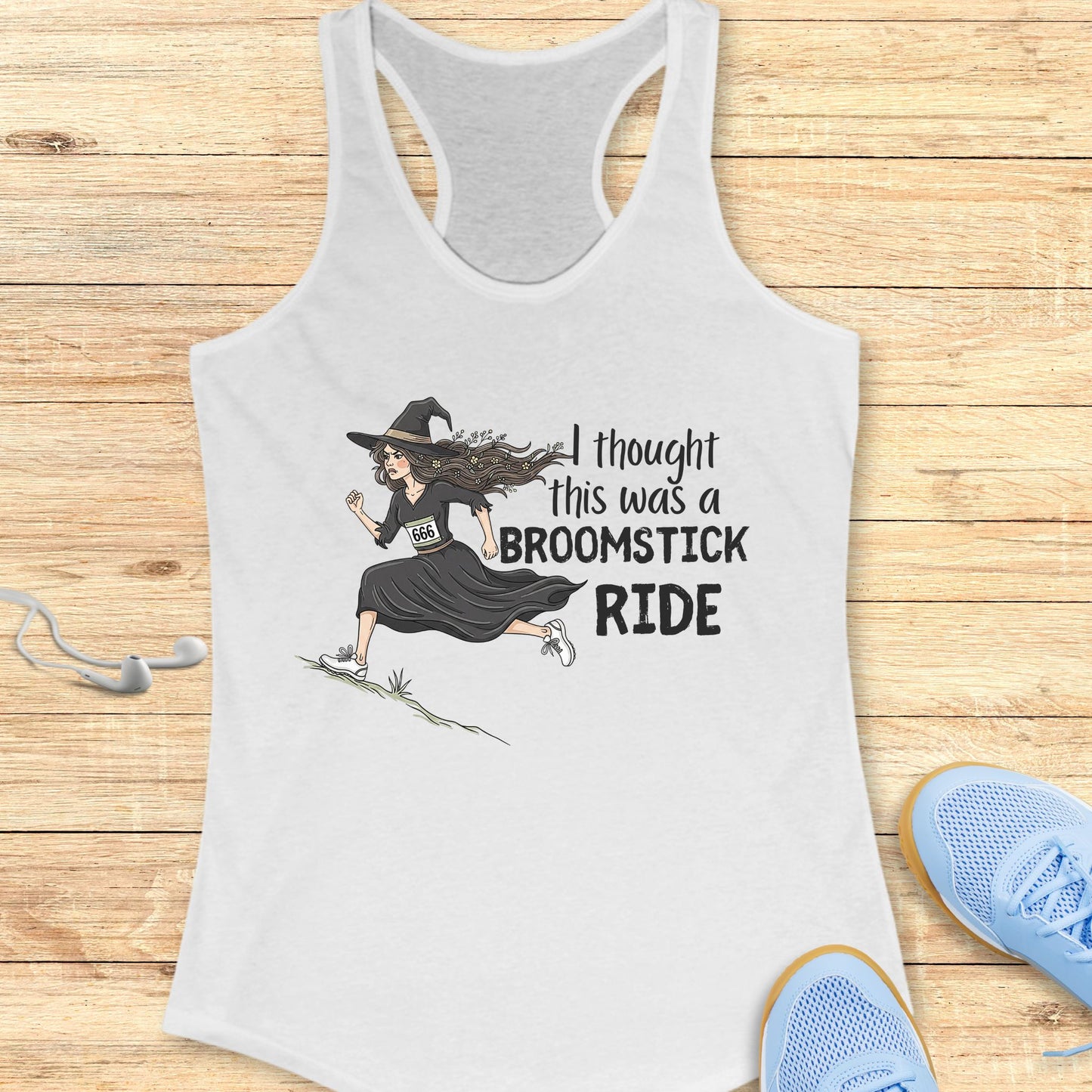 Halloween Funny Running Racerback Tank Top for Women Broomstick Ride