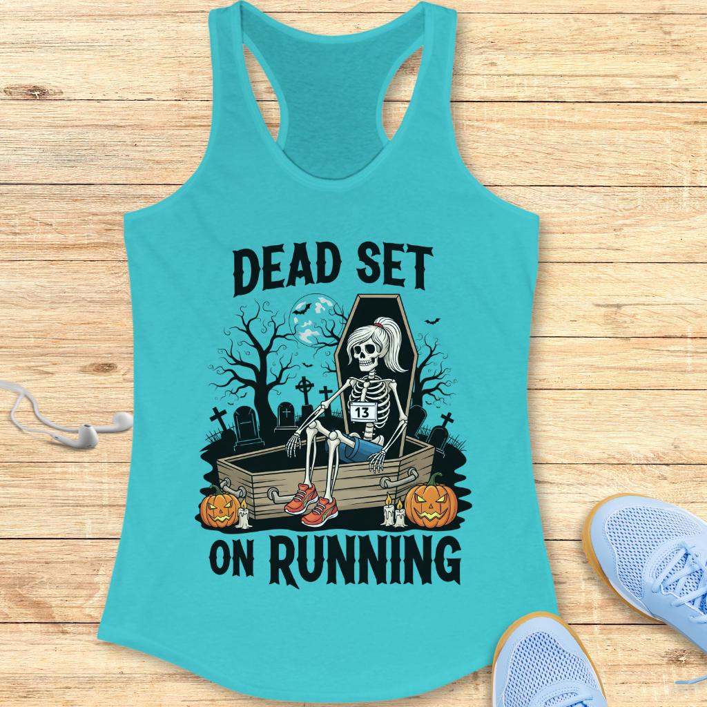 Halloween Funny Running Racerback Tank Top for Women Dead Set On Running