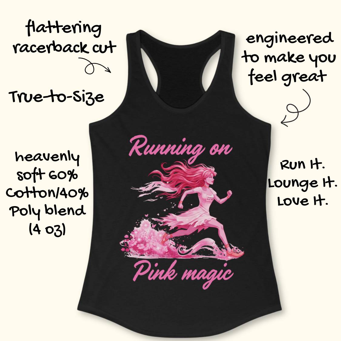Black racerback tank top with a pink graphic of a running girl and the text 'Running on Pink magic' on a cream background, surrounded by handwritten marketing callouts.