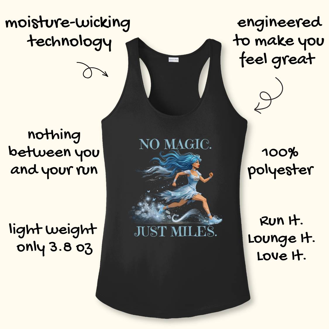 A black performance racerback tank top with a graphic of a running woman and the text 'NO MAGIC. JUST MILES.