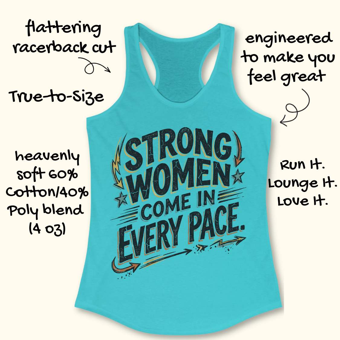 A turquoise racerback tank top with a distressed graphic reading 'STRONG WOMEN COME IN EVERY PACE.' on a light cream background, surrounded by handwritten marketing callouts describing fit and fabric.