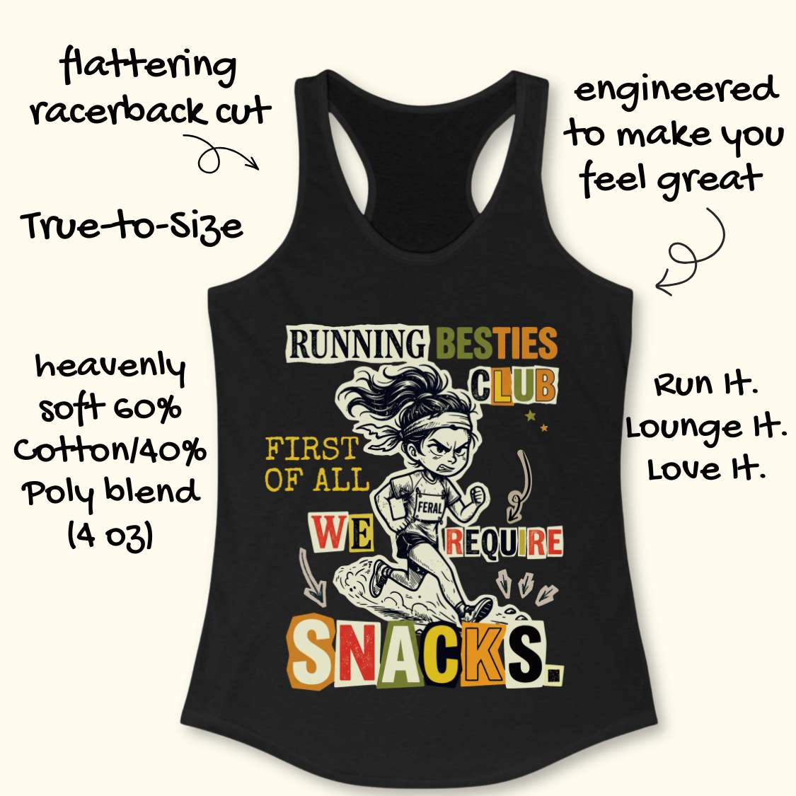 A black racerback tank top laid flat on a light wood background, featuring a colorful graphic of a cartoon female runner and the text 'RUNNING BESTIES CLUB FIRST OF ALL WE REQUIRE SNACKS.'.