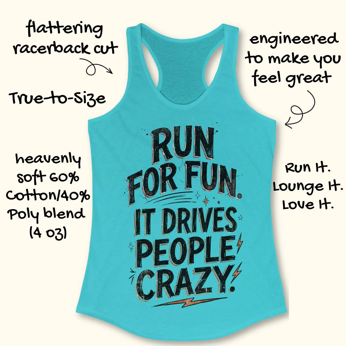 blue racerback tank top featuring a bold typographic running design. The text reads: “Run for fun. It drives people crazy.” in distressed black lettering with vintage-style shading. Decorative elements include stars, sparkles, curved accent lines, and lightning bolts. The tank top is displayed flat on a light wood background with partial blue running shoes visible in the lower corners.