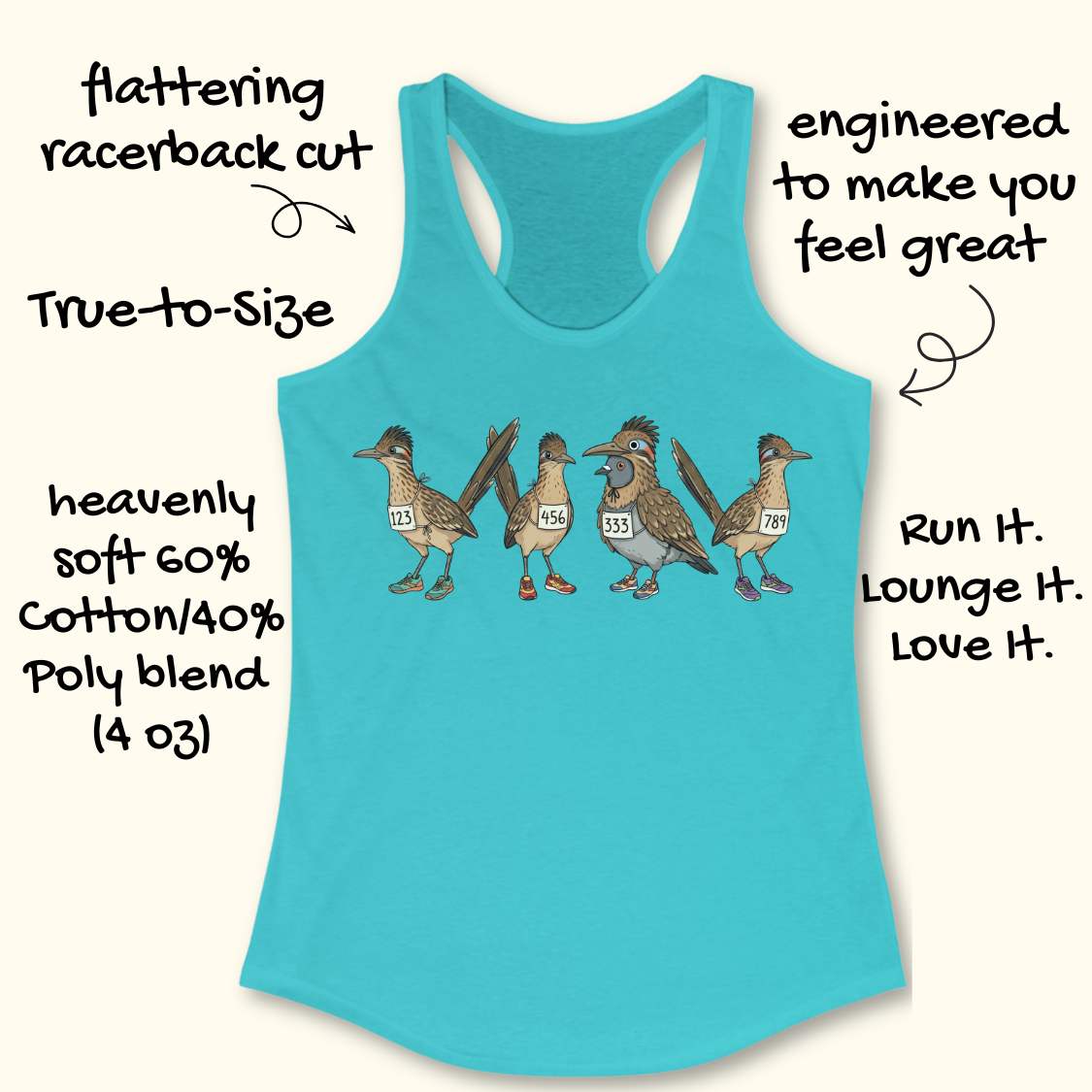 blue racerback tank top featuring a whimsical illustration of four road runner birds wearing race bibs and colorful running shoes. Three road runners stand together while a different bird, a pigeon wearing a road runner costume and race bib, stands among them as part of the group. The playful design symbolizes belonging, inclusion, and the idea that every runner has a place in the running community, regardless of pace, experience, or appearance. The artwork uses soft earth tones with colorful shoe accents