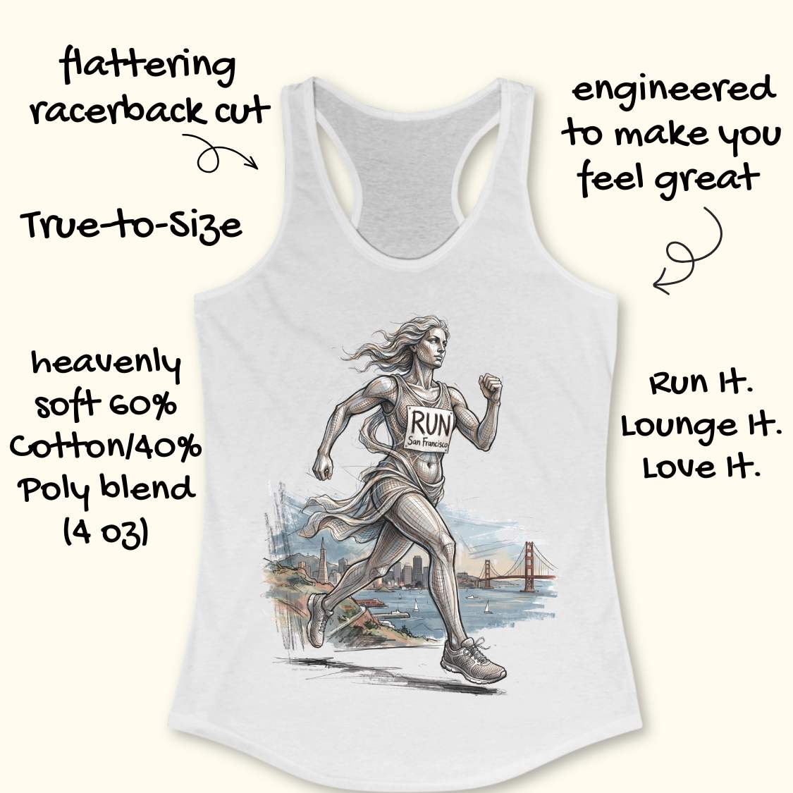 White racerback tank top featuring an artistic illustration of a runner in motion, drawn in a detailed sketch style with flowing lines that suggest speed and movement. The runner wears a race bib that reads “RUN San Francisco.” In the background, the San Francisco skyline and the iconic Golden Gate Bridge overlook the bay with sailboats on the water. The design combines running, travel, and city pride, celebrating the experience of running in San Francisco through a blend of athletic energy and landmark sce