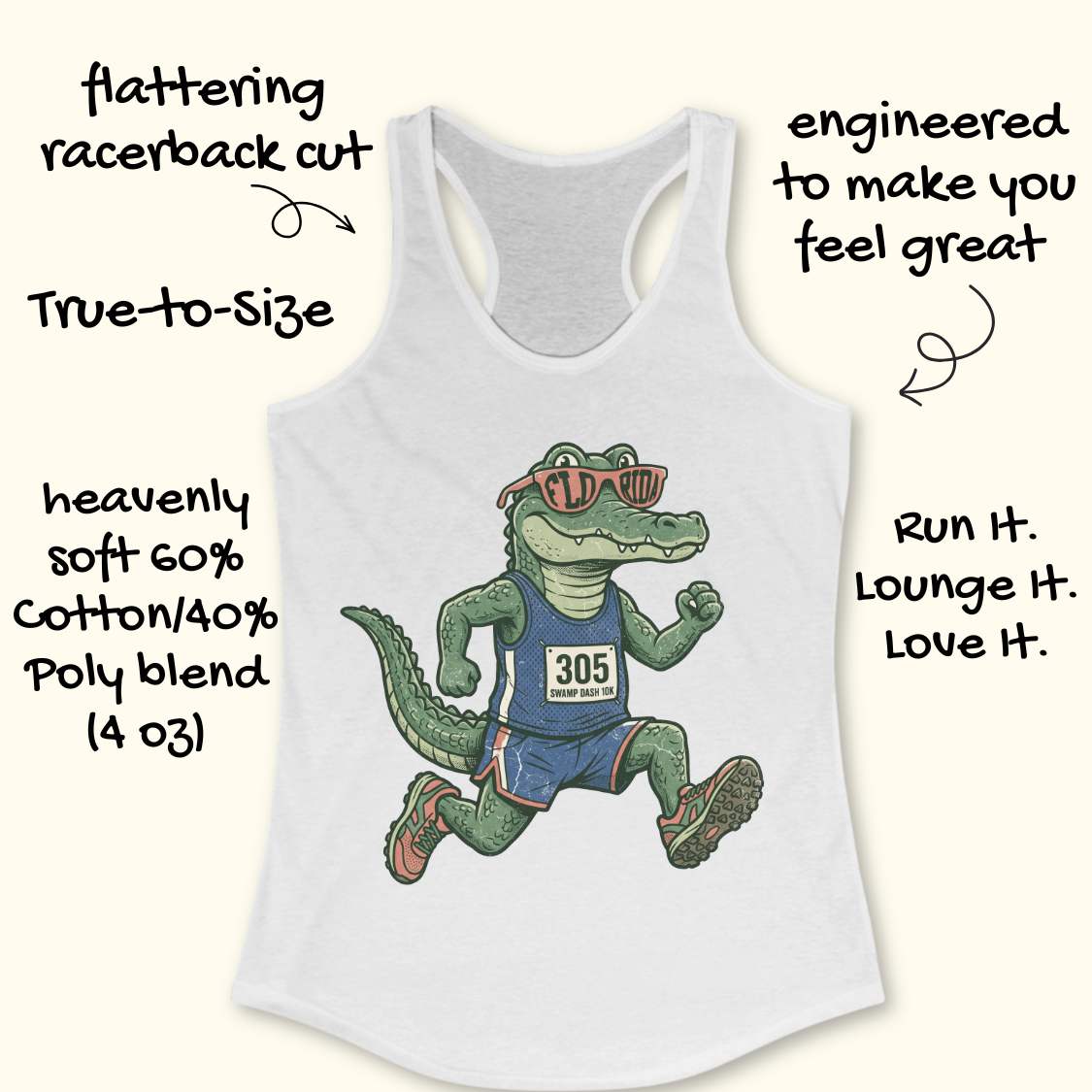 Funny Florida runner white tank top featuring a cartoon alligator wearing running gear, race bib 305, and Florida sunglasses while running. Perfect apparel for Florida runners, women runners, marathon training, trail runners, swamp runners, and anyone who loves running in the heat and humidity.