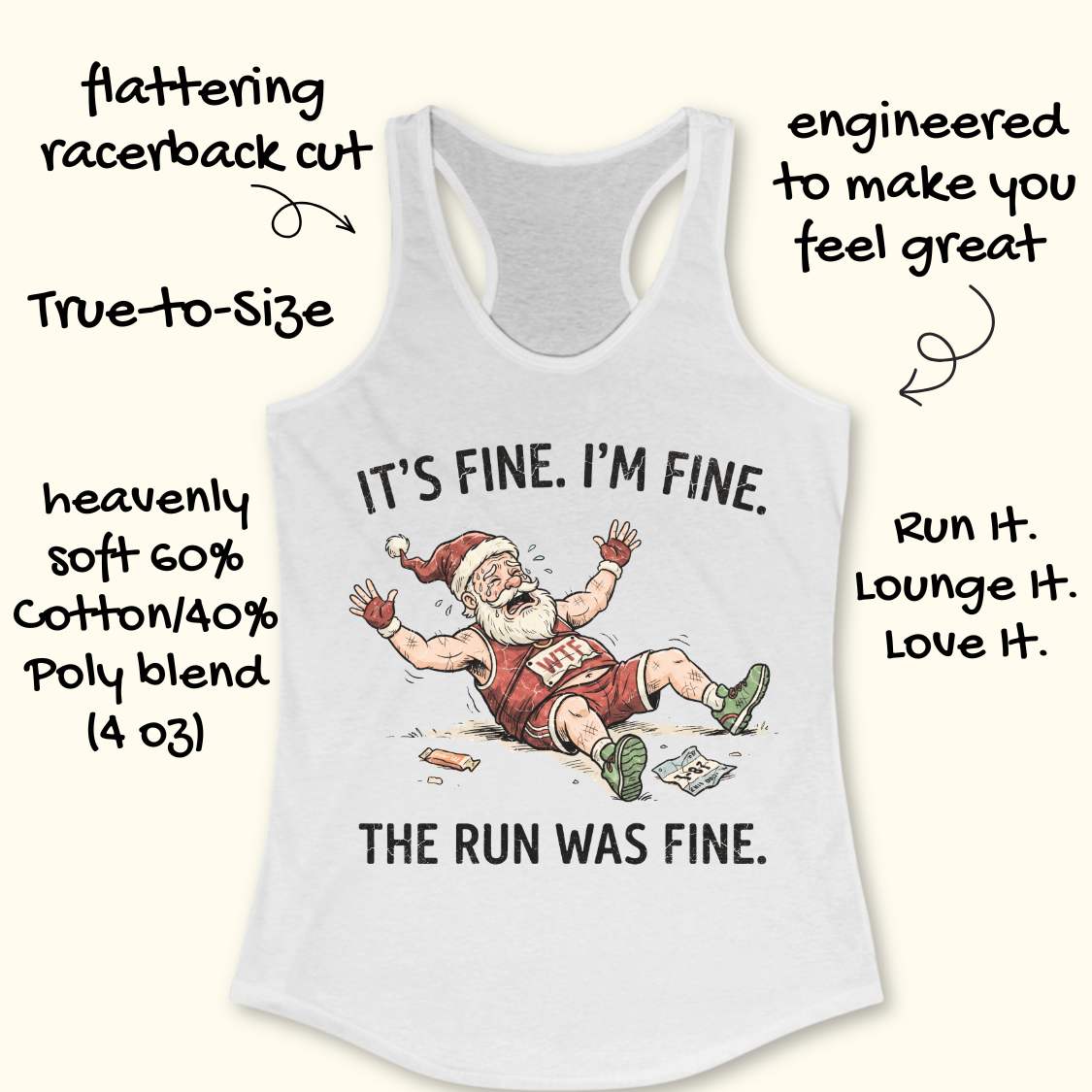 A white racerback tank top with a humorous Santa graphic and text, shown on a light beige background with decorative callout annotations around it.