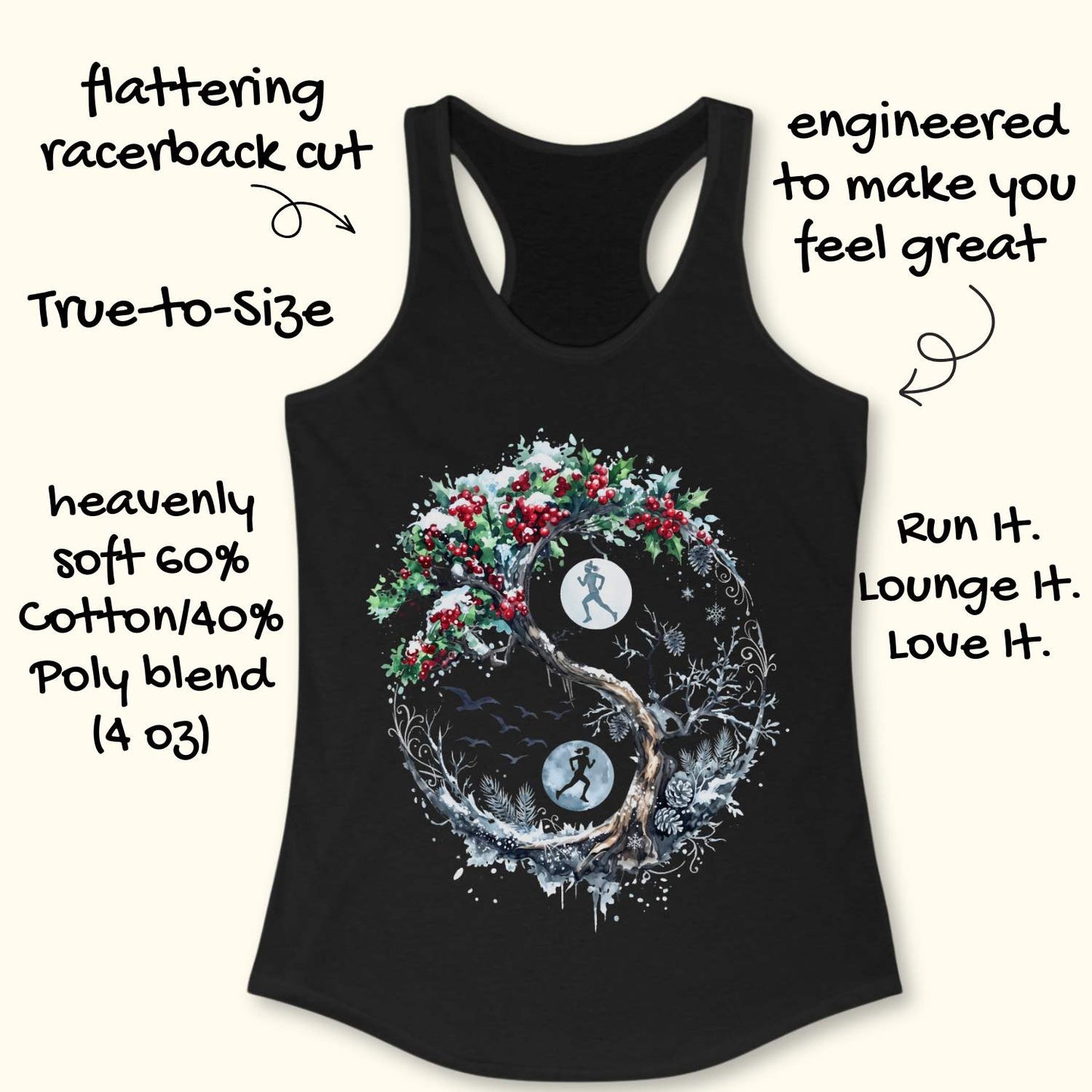 Black racerback tank top displayed on a light wooden surface, featuring an intricate winter-themed circular tree design inspired by a yin-yang composition. The artwork shows a twisting tree with one side covered in green holly leaves and bright red berries dusted with snow, while the opposite side features frosted branches, pinecones, and winter foliage. Two silhouetted runners appear within glowing moon-like circles positioned opposite each other inside the design. Snowflakes, birds in flight, swirling dec