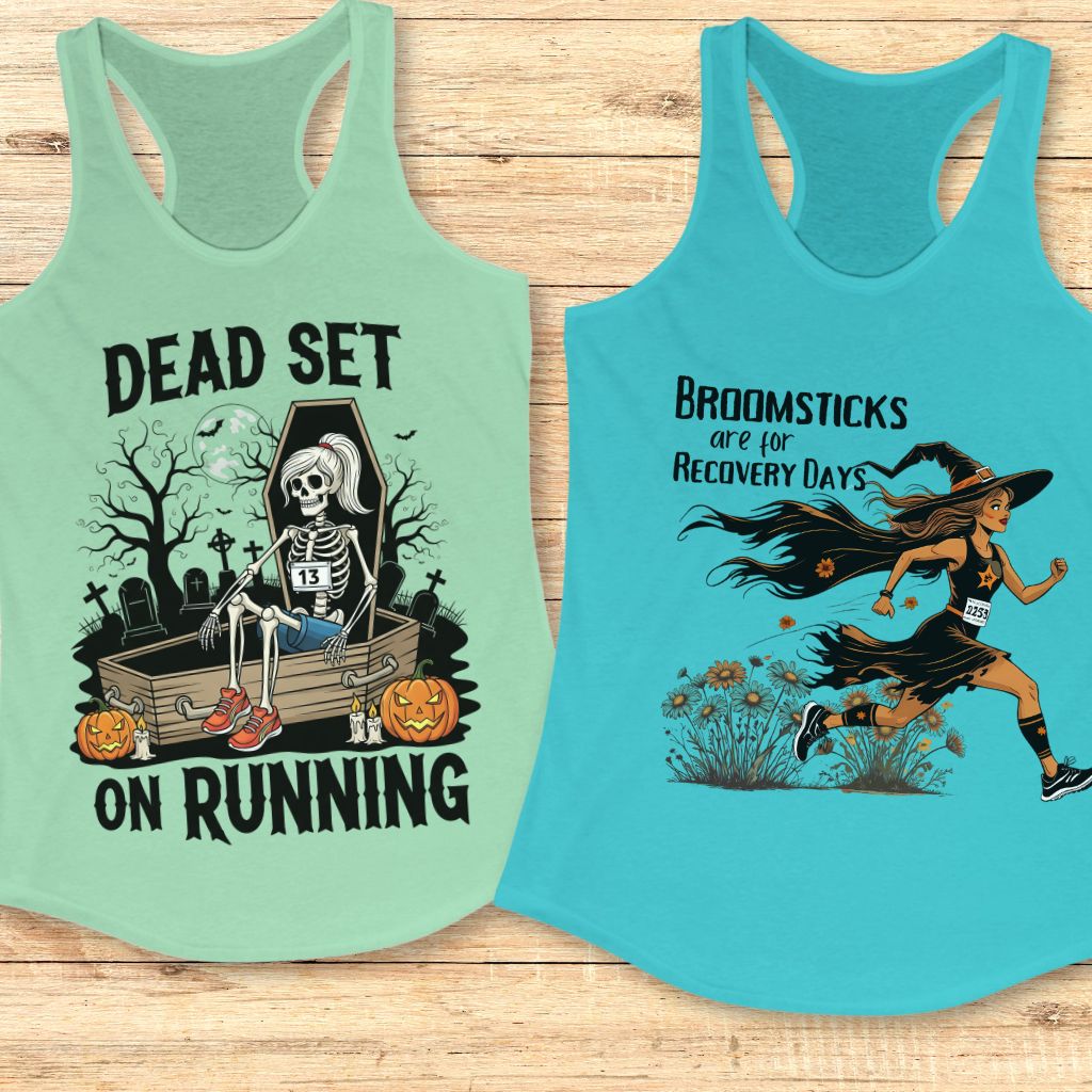 Funny Halloween running shirt for women featuring a witch mid-run with the slogan “Brooms Are for Recovery Days” — perfect gift for women runners, spooky workout tee, trail running Halloween apparel.