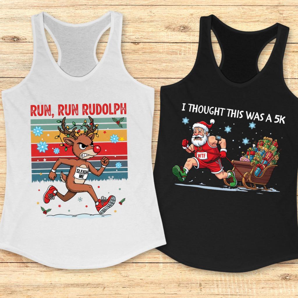 Collection of funny running shirts and holiday running gear featuring Christmas characters like Santa, Rudolph, and a Snowman, perfect for unique runner gift ideas this Christmas.