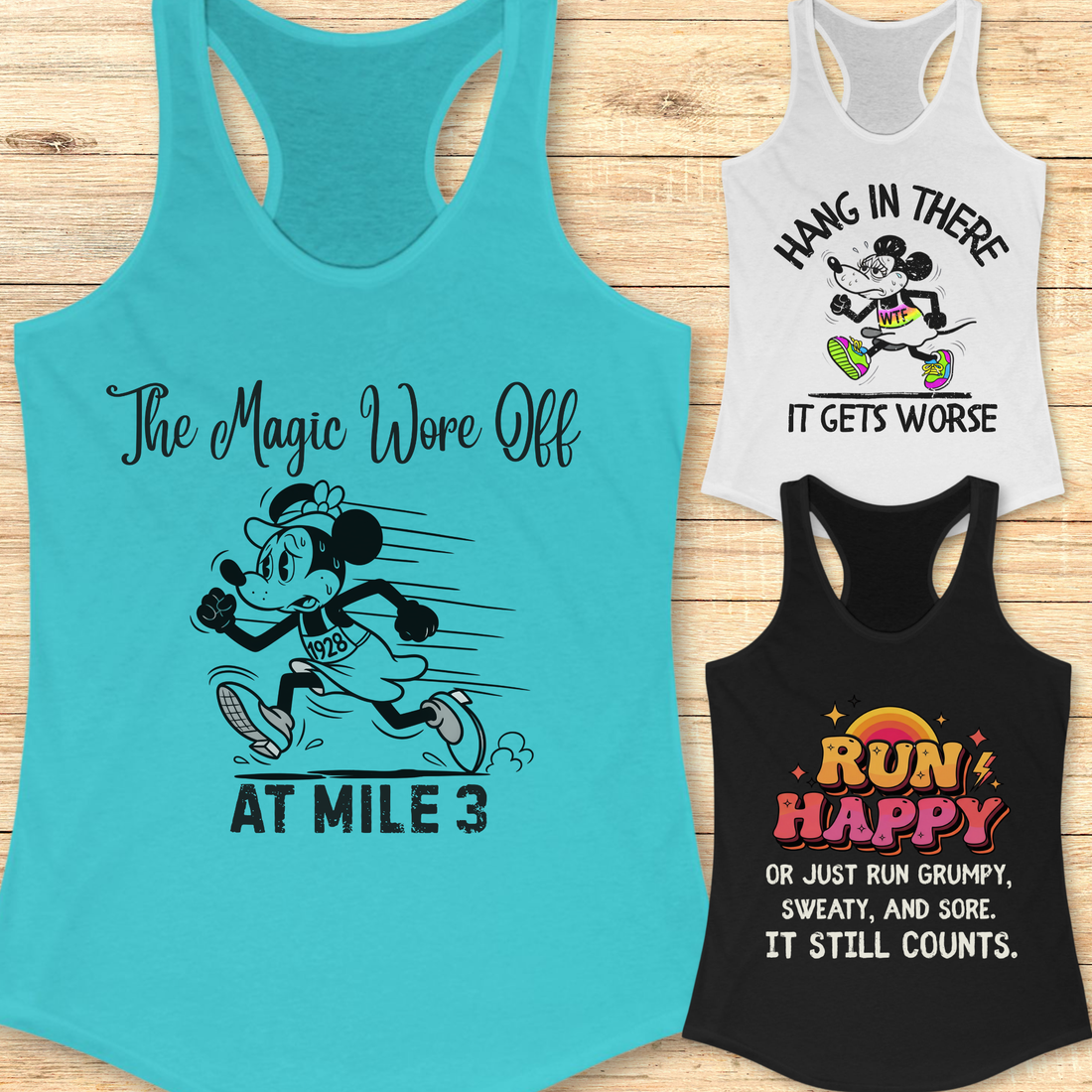 Women’s magical running tank top with funny quote inspired by running culture, featuring whimsical fantasy artwork and humorous running motivation for female runners