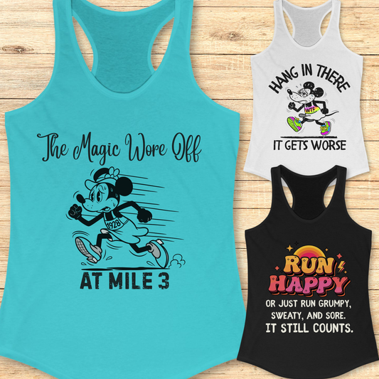 Women’s magical running tank top with funny quote inspired by running culture, featuring whimsical fantasy artwork and humorous running motivation for female runners