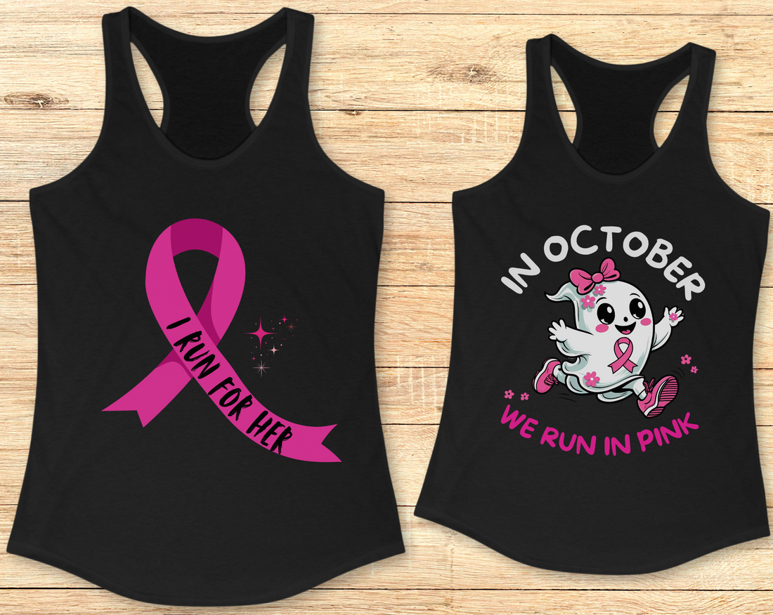 Women runners wearing pink Fight Breast Cancer shirts and tank tops from Unleashed Threads, running together in October to raise breast cancer awareness.