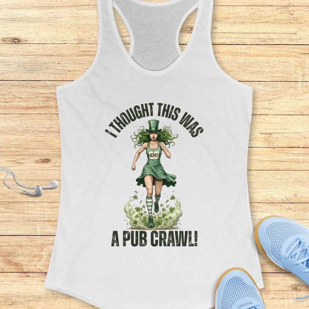 Woman runner wearing funny St. Patrick’s Day running tank top with shamrock‑themed design, celebrating a festive 5K race filled with shenanigans and runanigans. If you want, I can tailor a few variations depending on which images you’ll use in the blog.