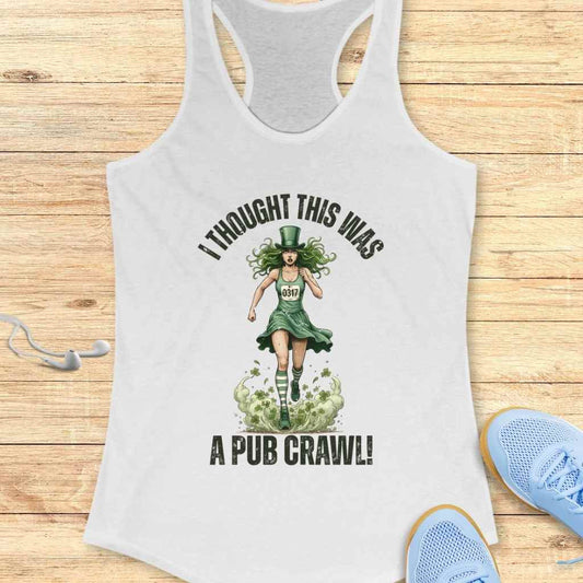 Woman runner wearing funny St. Patrick’s Day running tank top with shamrock‑themed design, celebrating a festive 5K race filled with shenanigans and runanigans. If you want, I can tailor a few variations depending on which images you’ll use in the blog.