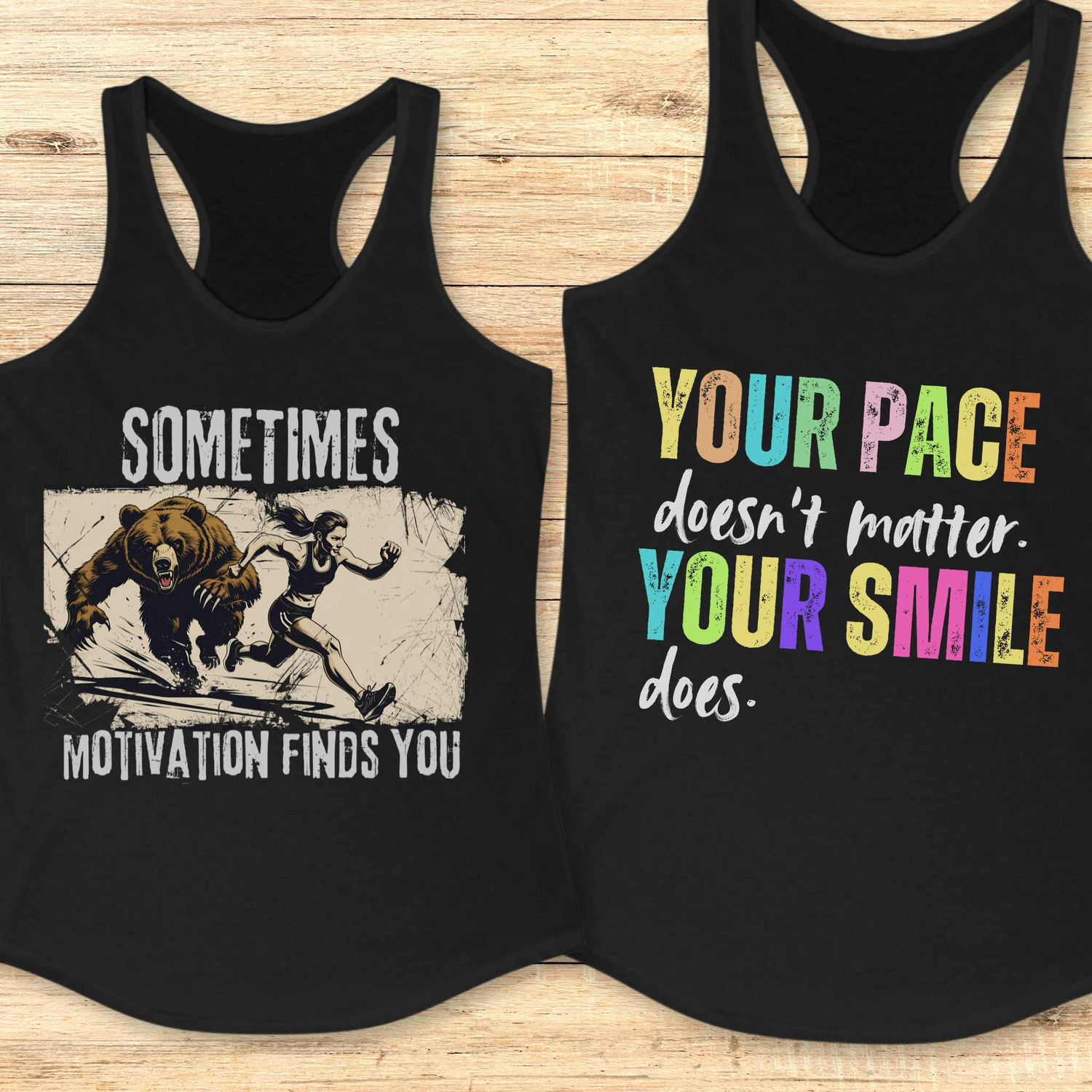 Collection of motivational running shirts with funny and inspirational quotes for women runners.