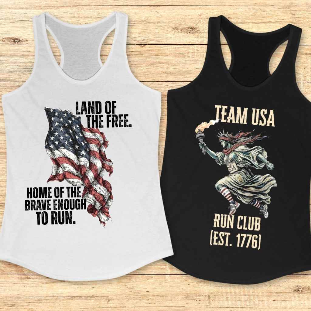 Women's USA running apparel: Statue of Liberty cardio humor fitness shirt. Patriotic athletic gear for female runners, featuring a graphic design of Lady Liberty in American flag socks and running shoes. Perfect for July 4th 5k races or gym workouts.