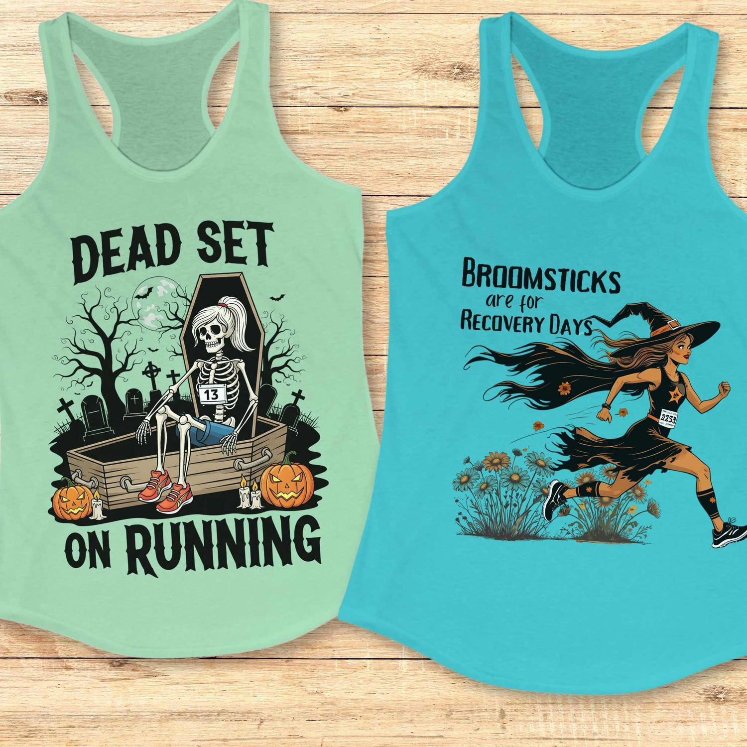 October running shirts for women featuring pink ribbon breast cancer awareness designs and fun Halloween graphics, perfect for 5K, marathon, and charity races.