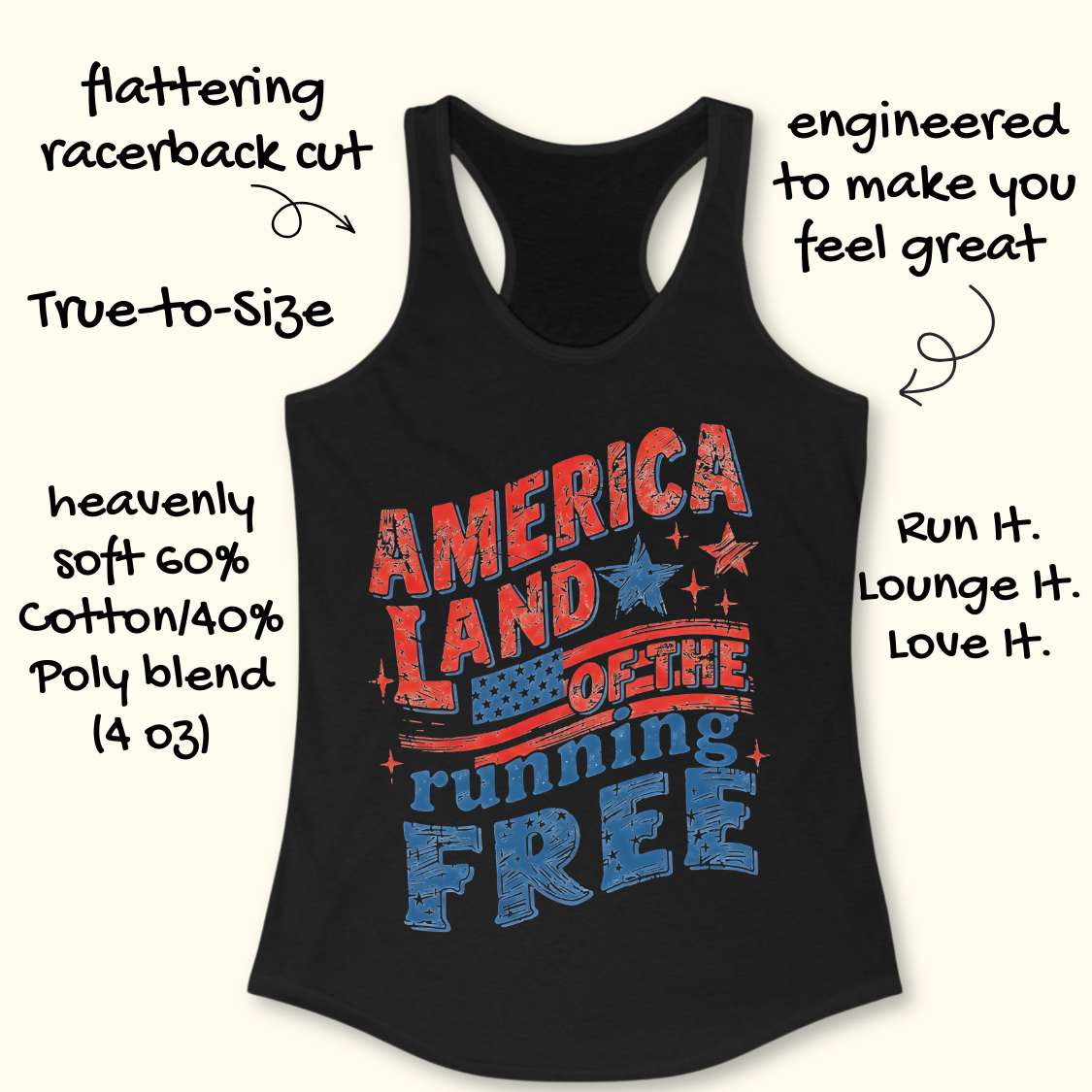 Black tank top with 'America Land of the Running Free' text and graphics on a white background