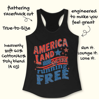 Black tank top with 'America Land of the Running Free' text and graphics on a white background