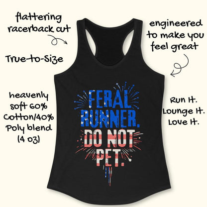 Black tank top with the text - feral runner. do not pet. with the American flag colors and design. white background