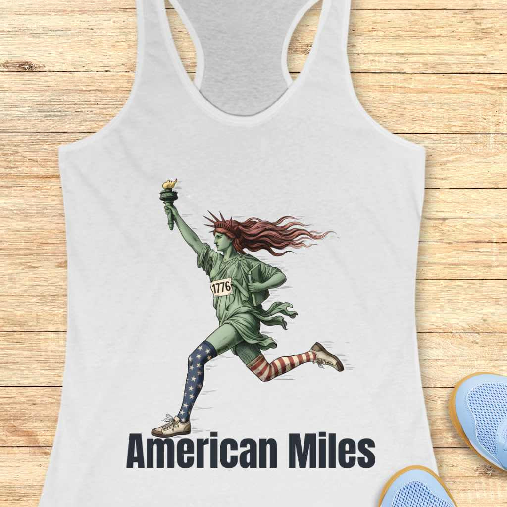 An illustration of the Statue of Liberty sprinting, torch aloft, wearing a "1776" race bib and patriotic star and stripe socks, with "American Miles" text on a white tank top