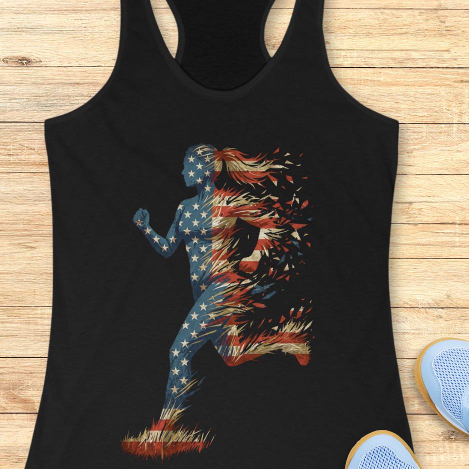 black tank top with a colorful graphic of a running woman with American flag theme on a wooden surface