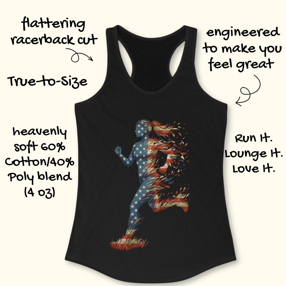 black tank top with a colorful graphic of a running woman with American flag theme on a white surface