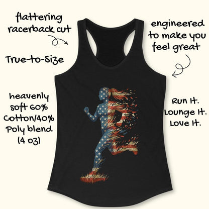 black tank top with a colorful graphic of a running woman with American flag theme on a white surface