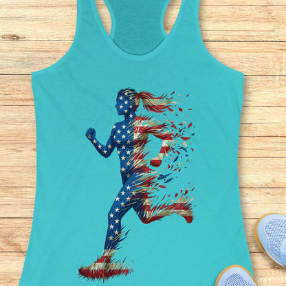 tahiti blue tank top with a colorful graphic of a running woman with American flag theme on a wooden surface