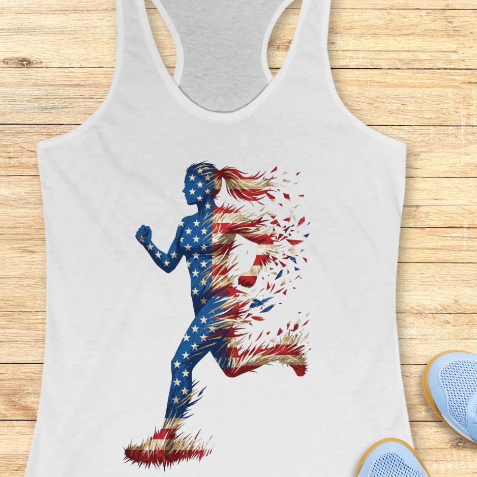 white tank top with a colorful graphic of a running woman with American flag theme on a wooden surface