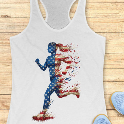 white tank top with a colorful graphic of a running woman with American flag theme on a wooden surface