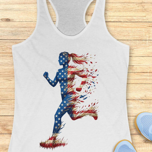 white tank top with a colorful graphic of a running woman with American flag theme on a wooden surface