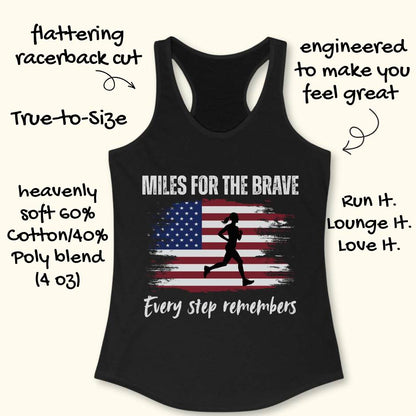 Black tank top with American flag and running silhouette design, featuring text about product features.