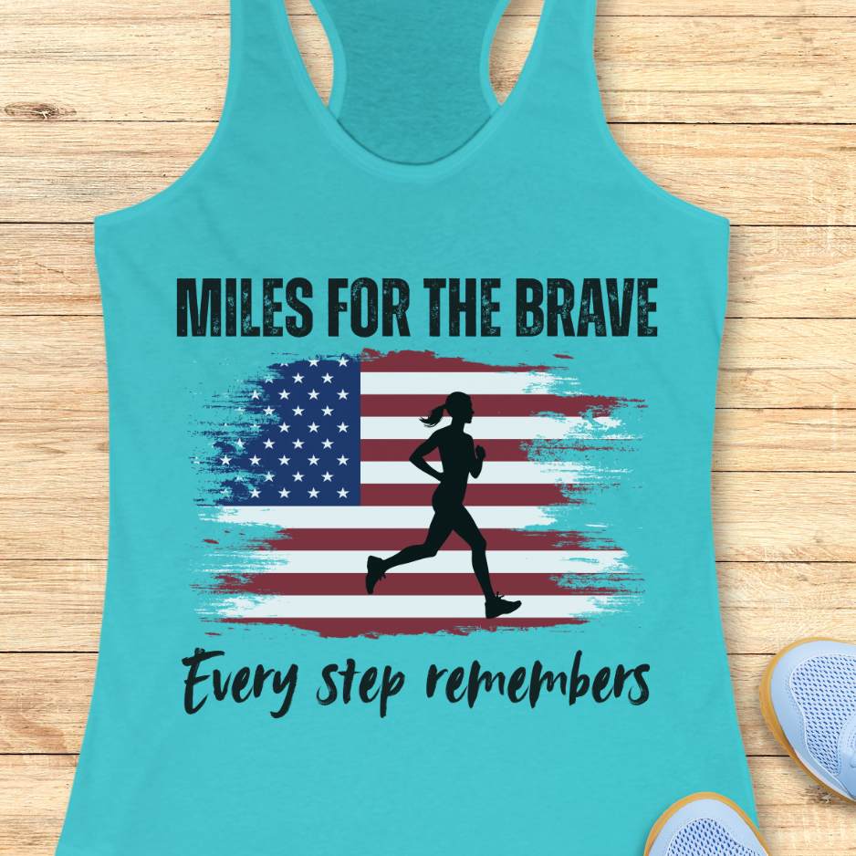 Turquoise tank top with American flag and running silhouette on a wooden surface