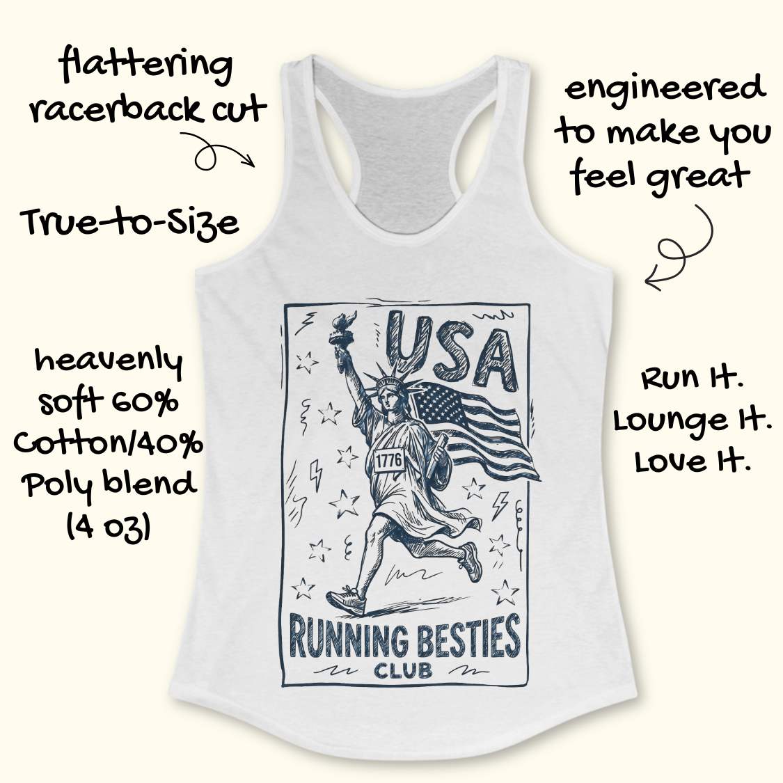 White tank top with 'USA Running Besties Club' design on a white background