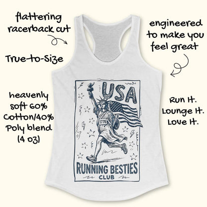 White tank top with 'USA Running Besties Club' design on a white background