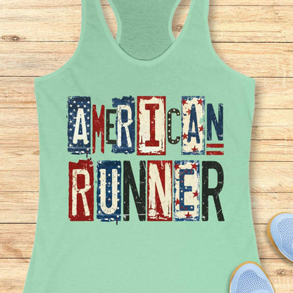 Mint green tank top with 'American Runner' text on a wooden surface