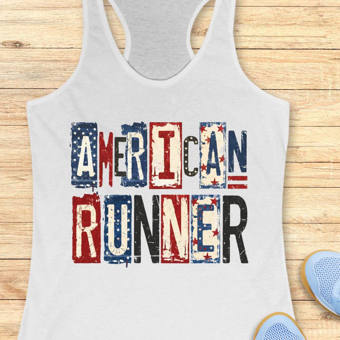 white tank top with 'American Runner' text on a wooden surface