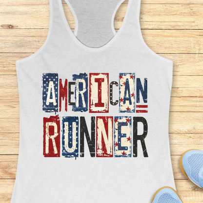 white tank top with 'American Runner' text on a wooden surface