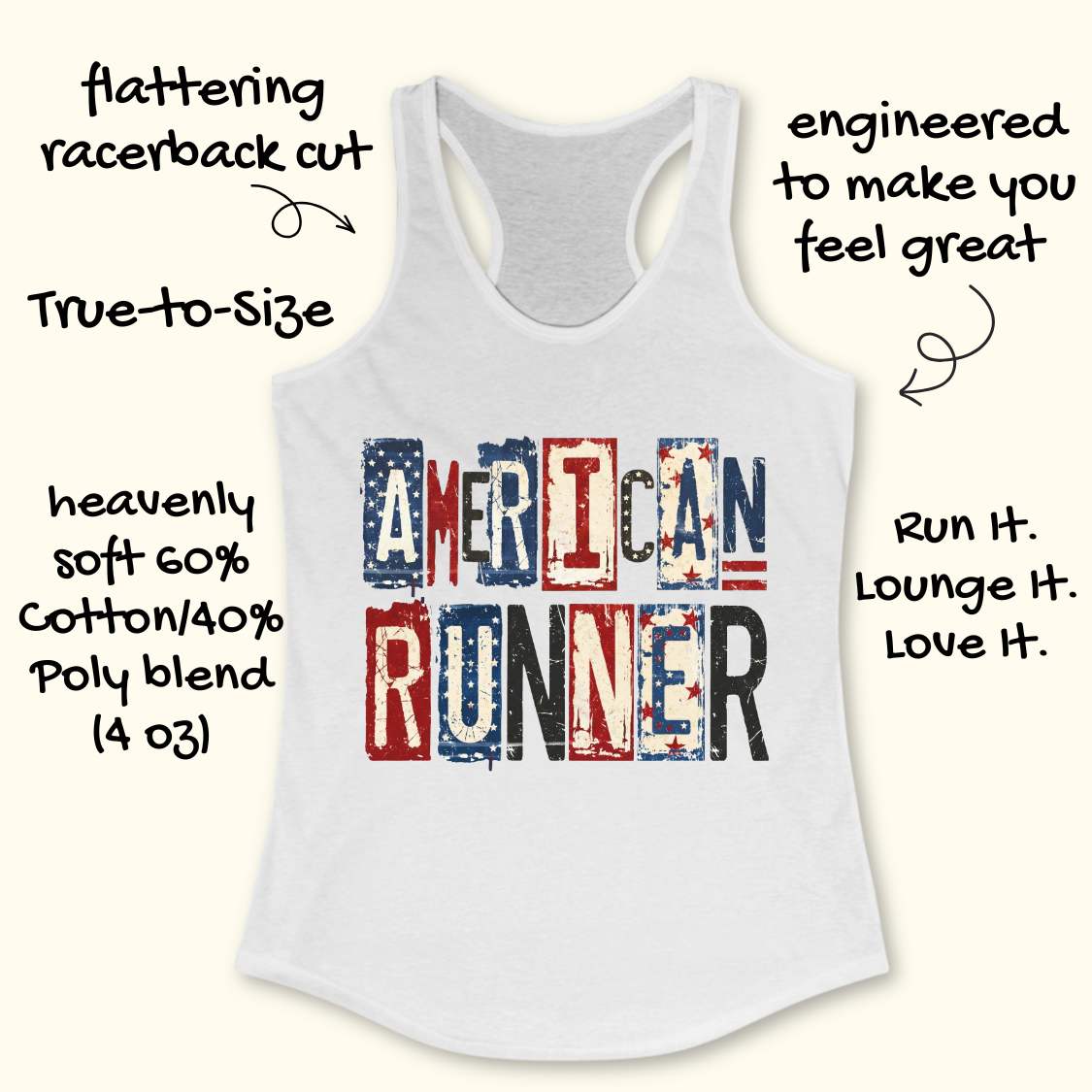 White tank top with 'American Runner' text on a white background