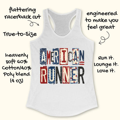 White tank top with 'American Runner' text on a white background