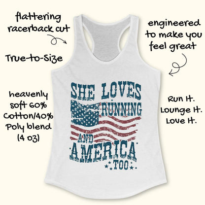 white tank top with 'She Loves Running and America Too' text and American flag design on a white background