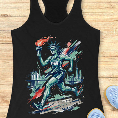 Black tank top with a graphic of a running Lady Liberty  holding a torch on a wooden surface.