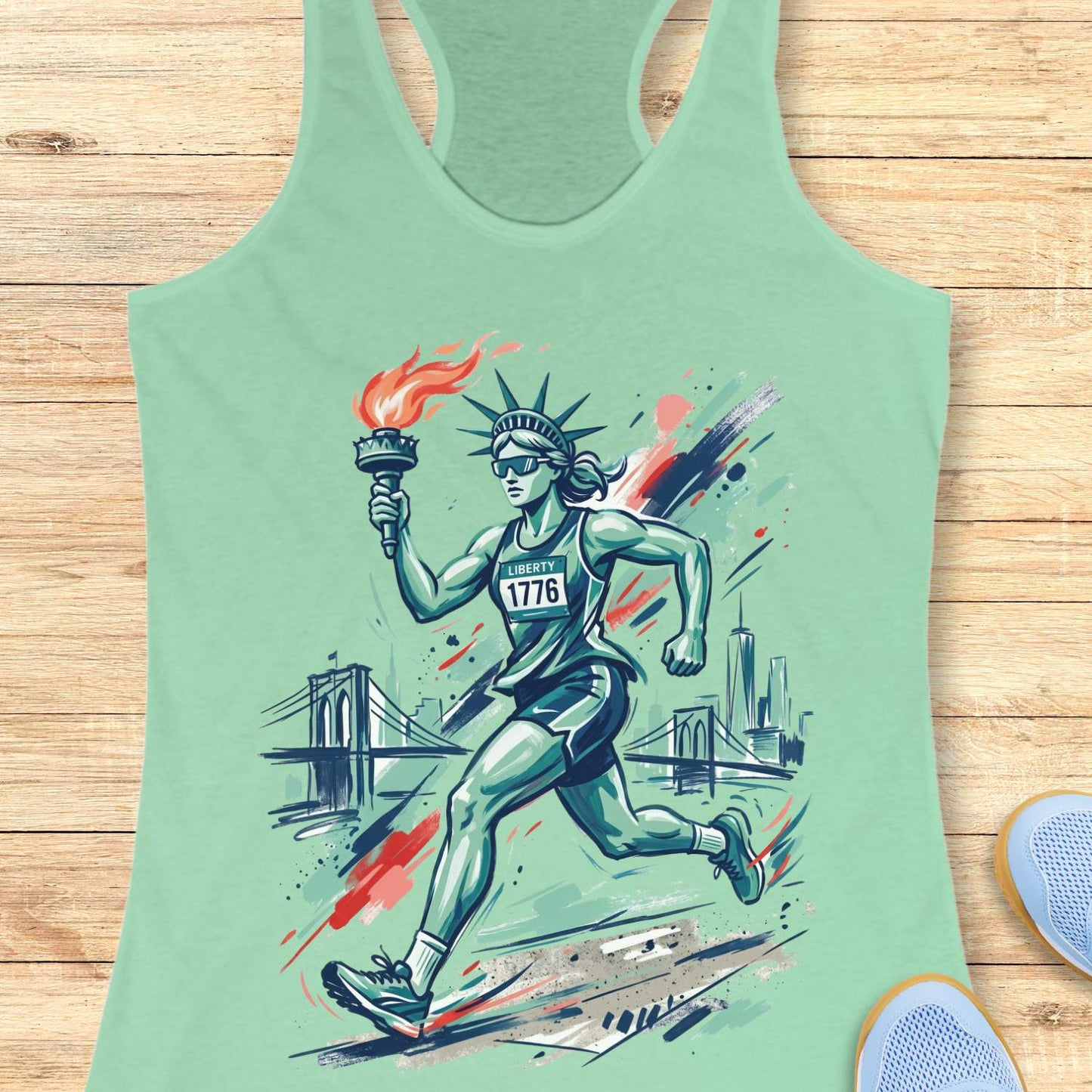 Mint green tank top with a graphic design of a running Lady Liberty holding a torch on a wooden surface.